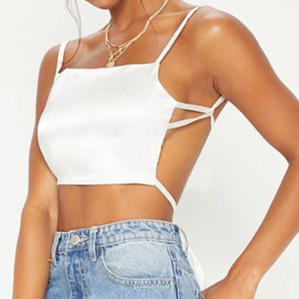 PLT White satin backless strapping crop top